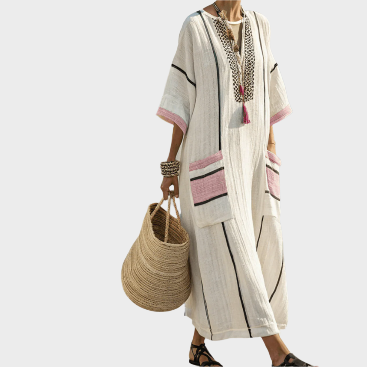 Kaftan Pruhy Oversized Kapsy Boho Kolekce Exkluzivní