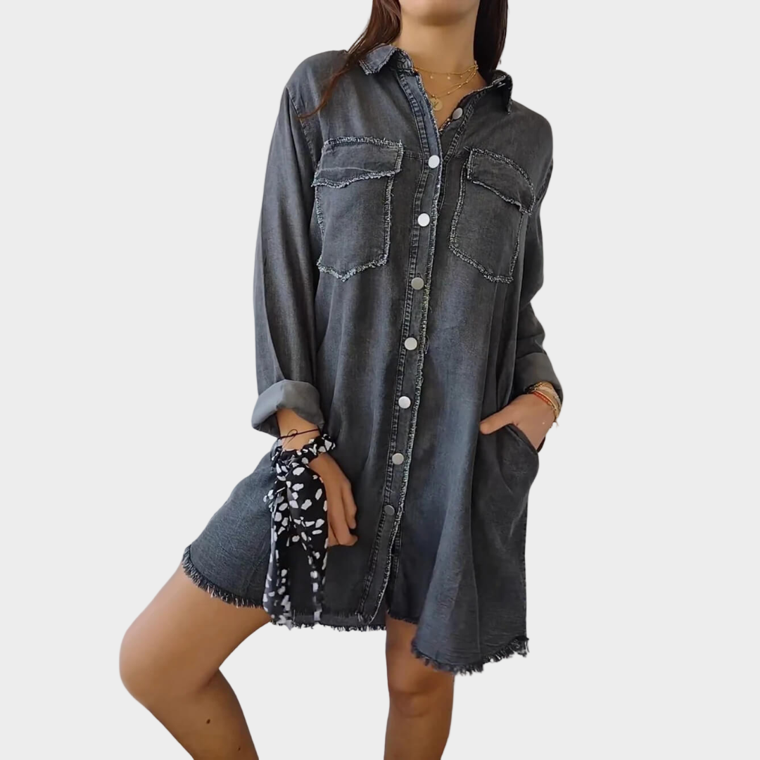 Džínové Šaty Košilového Střihu Denim Luxusní Exkluzivní