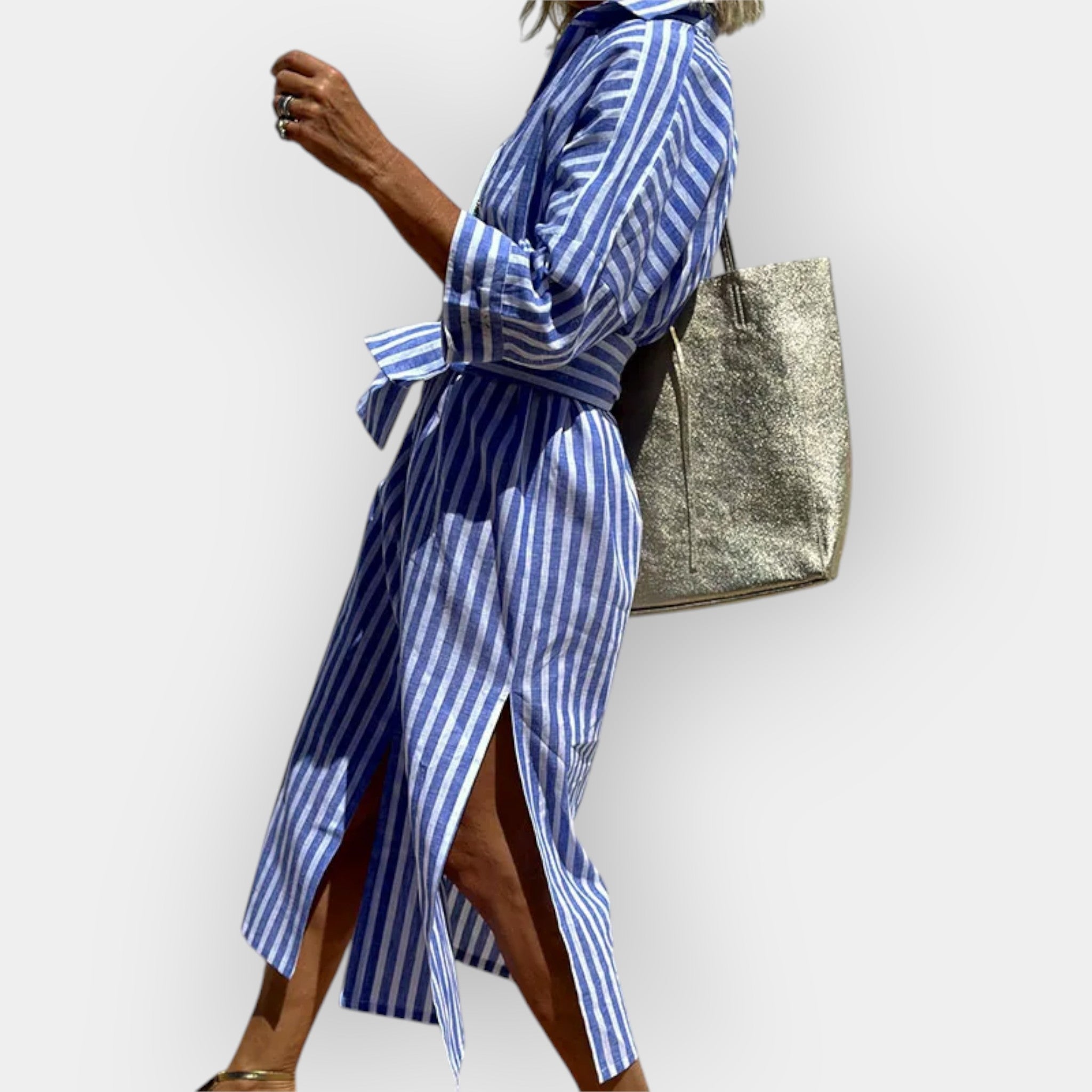 Exkluzivní Košilové Šaty Proužky Z Prodyšného Materiálu