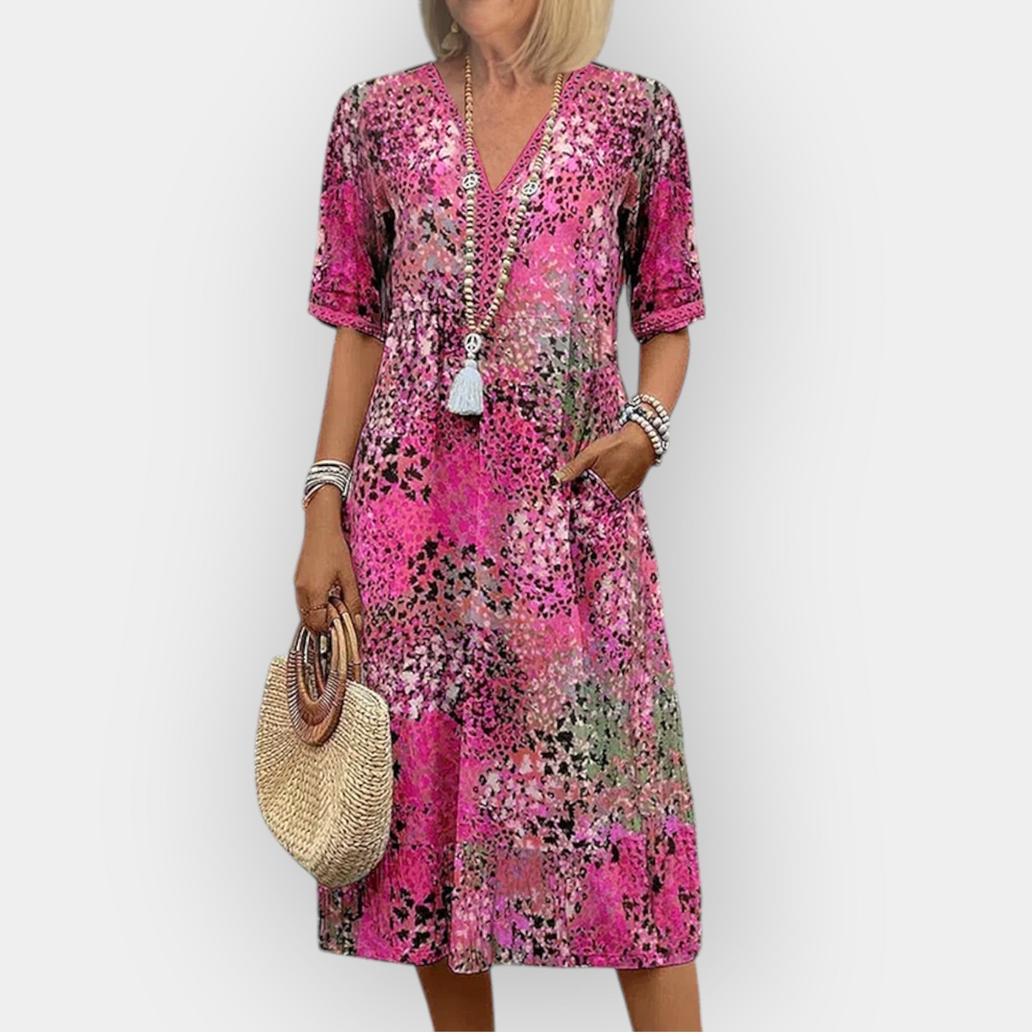 Florální Midi Šaty Exkluzivní Prodyšná Tkanina Elegantní