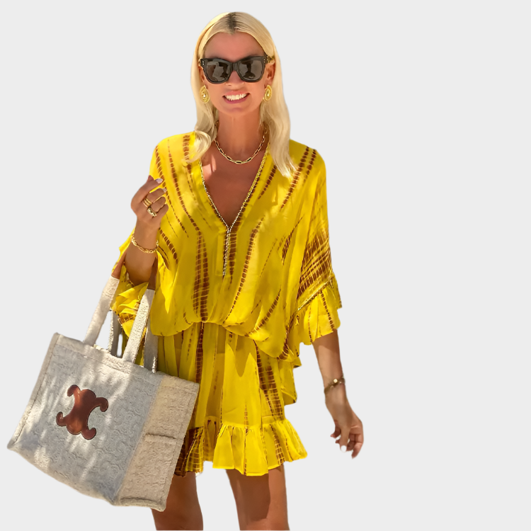 Boho Mini Šaty S Vysokým Pasem A V Výstřihem Boho Potisk