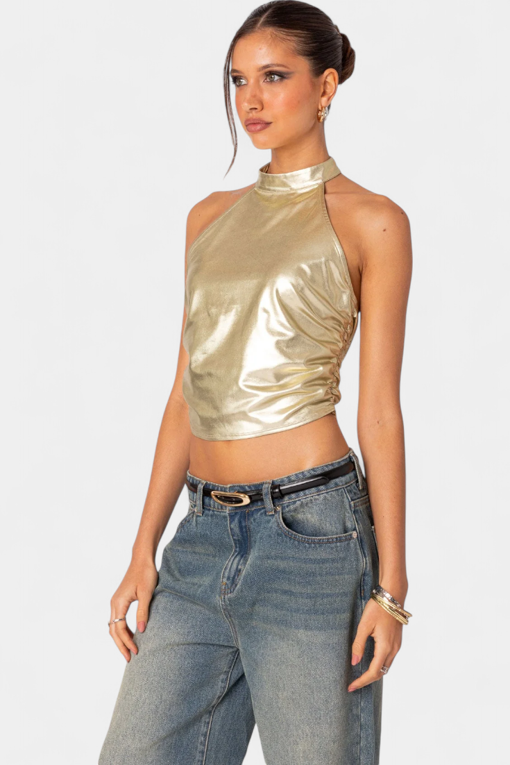 Karter Anna Halter Top Metálový Luxusní Límec Bez Zad