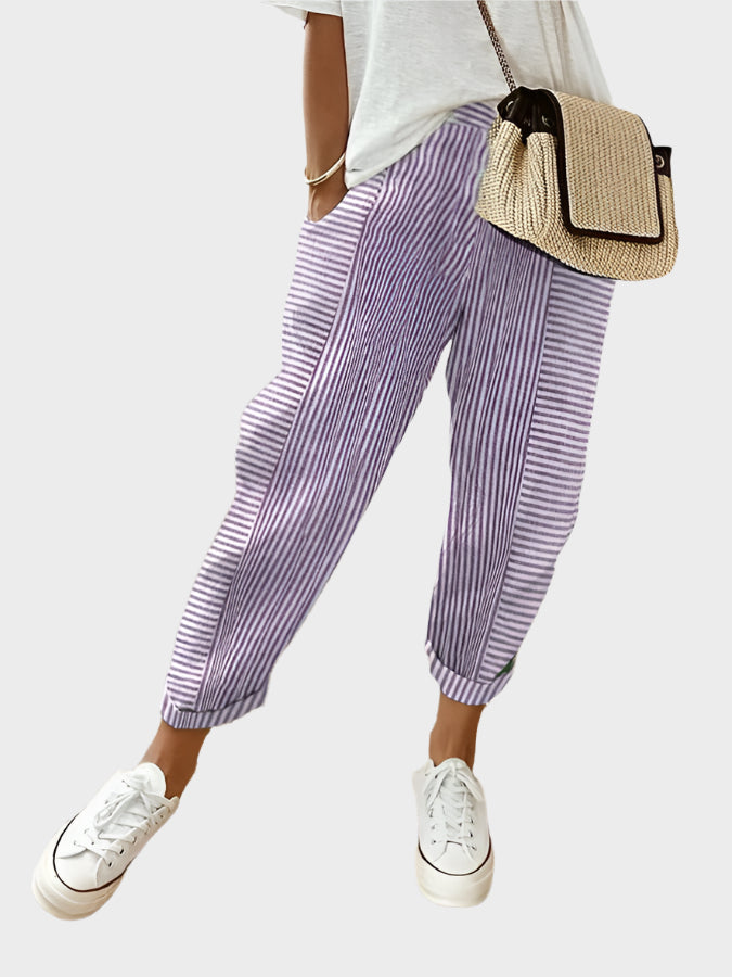 Pruhované Casual Kalhoty Luxusní Materiál Exkluzivní Design