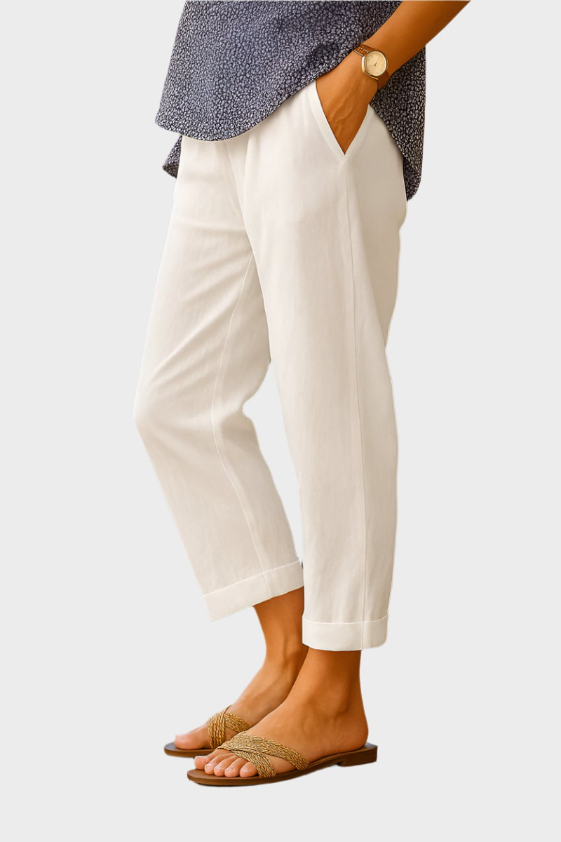 Bílé Lněné Bavlněné Cropped Kalhoty Exkluzivní Kolekce