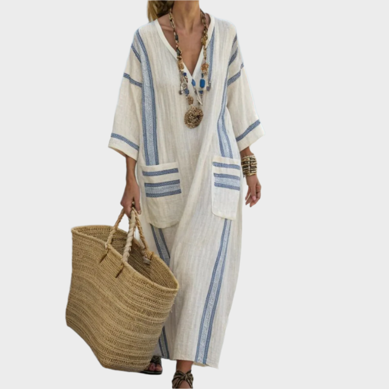 Kaftan Pruhy Oversized Kapsy Boho Kolekce Exkluzivní
