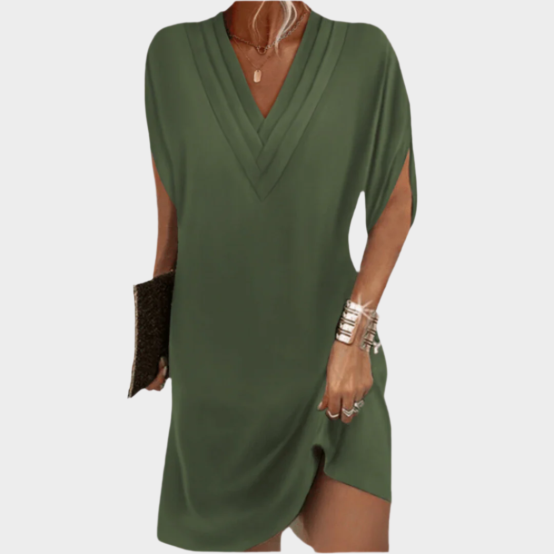 Elegantní Shift Šaty Khaki S Hlubokým V Výstřihem A Límem