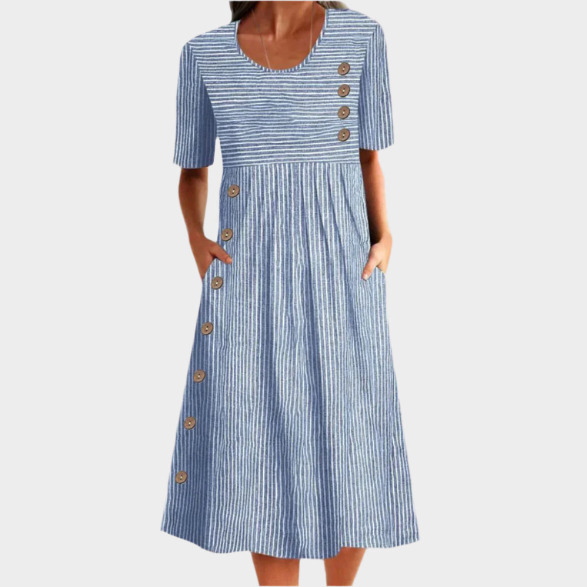 Elegantní Midi Šaty Dřevěnými Knoflíky s Pruhovaným Vzorem