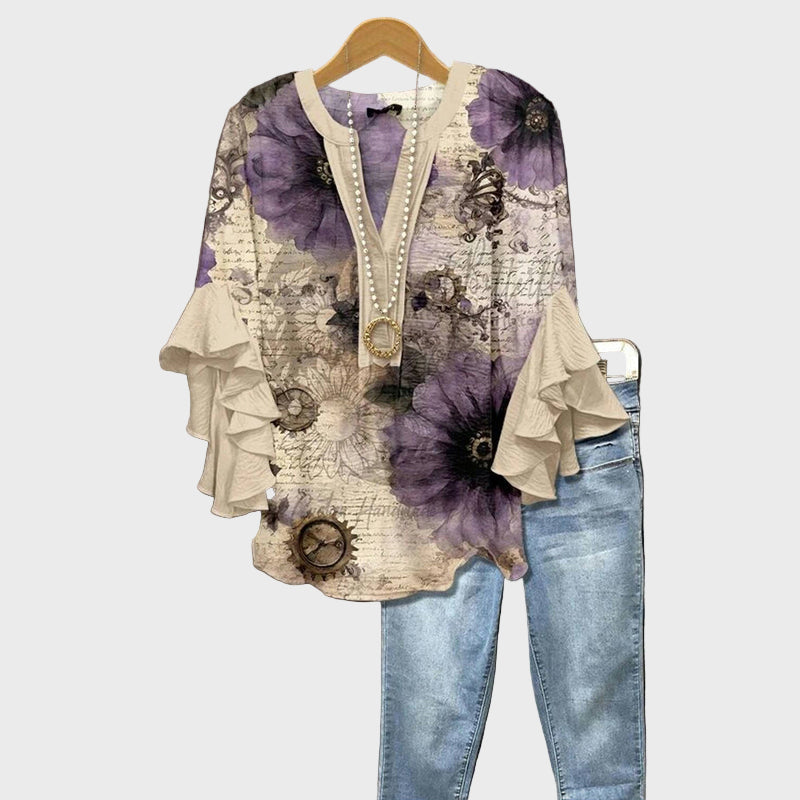 Blůza Klasická Elegance Exkluzivní Květinový Vzor Retro