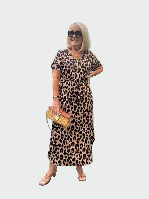 Šaty Leopardí Vzor Midi Dekoltem Do V Luxusní Dojem