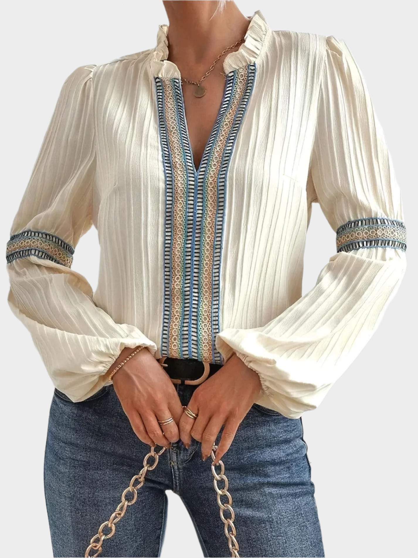 Cassia Blůza S V Výstřihem Tkanými Detaily Boho Luxusní