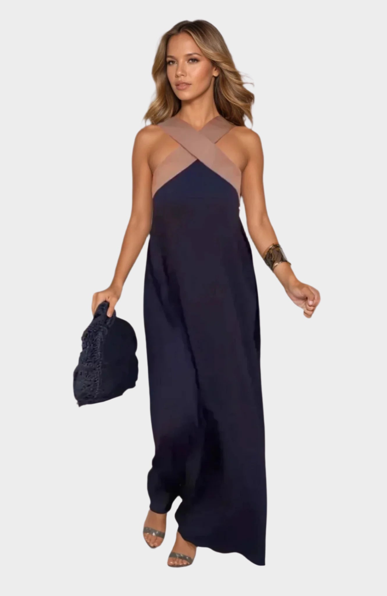 Elegantní šaty s překříženým dekoltem Nude Navy Exkluzivní
