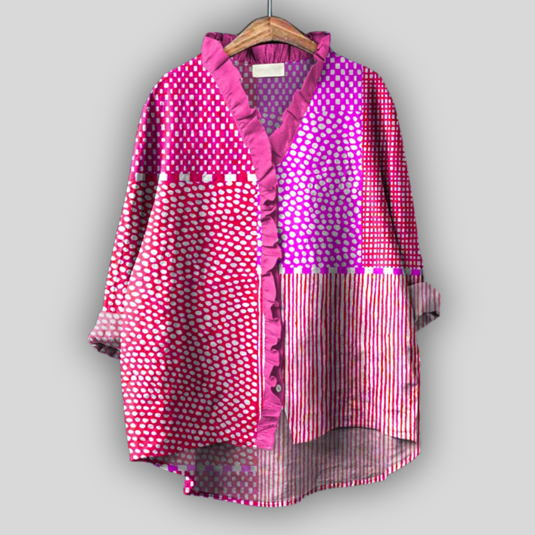 Lněná Halenka Fuchsiová Patchwork Exkluzivní Design