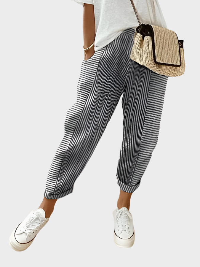 Pruhované Casual Kalhoty Luxusní Materiál Exkluzivní Design