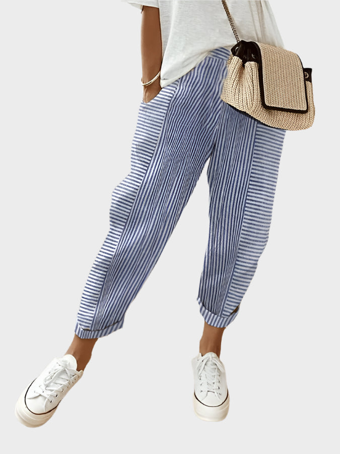 Pruhované Casual Kalhoty Luxusní Materiál Exkluzivní Design