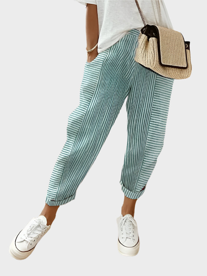 Pruhované Casual Kalhoty Luxusní Materiál Exkluzivní Design