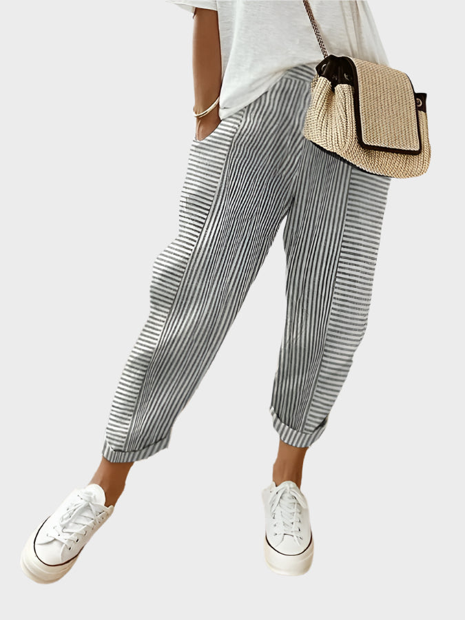 Pruhované Casual Kalhoty Luxusní Materiál Exkluzivní Design