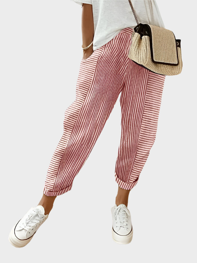 Pruhované Casual Kalhoty Luxusní Materiál Exkluzivní Design
