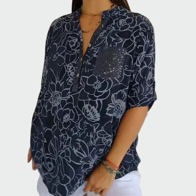 Elegantní Modrá Blůza S Květinovým Vzorem Exkluzivní Kousek